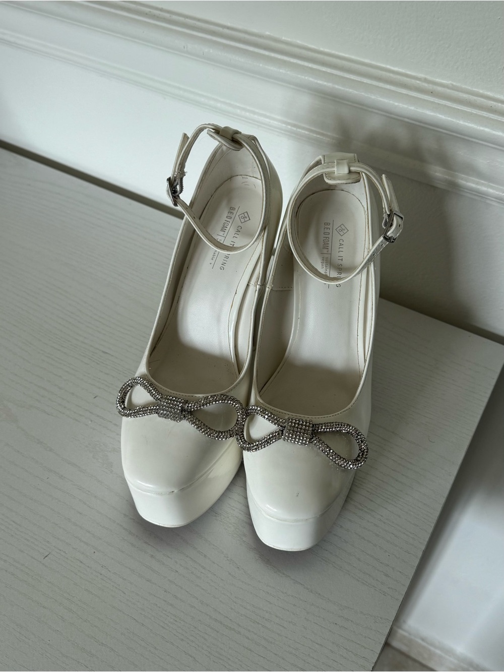 Call It Spring Platform Ankle-Strap Pumps with Rhinestone Bow